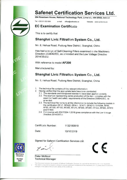 Chiny Shanghai LIVIC Filtration System Co., Ltd. Certyfikaty