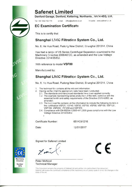 Chiny Shanghai LIVIC Filtration System Co., Ltd. Certyfikaty